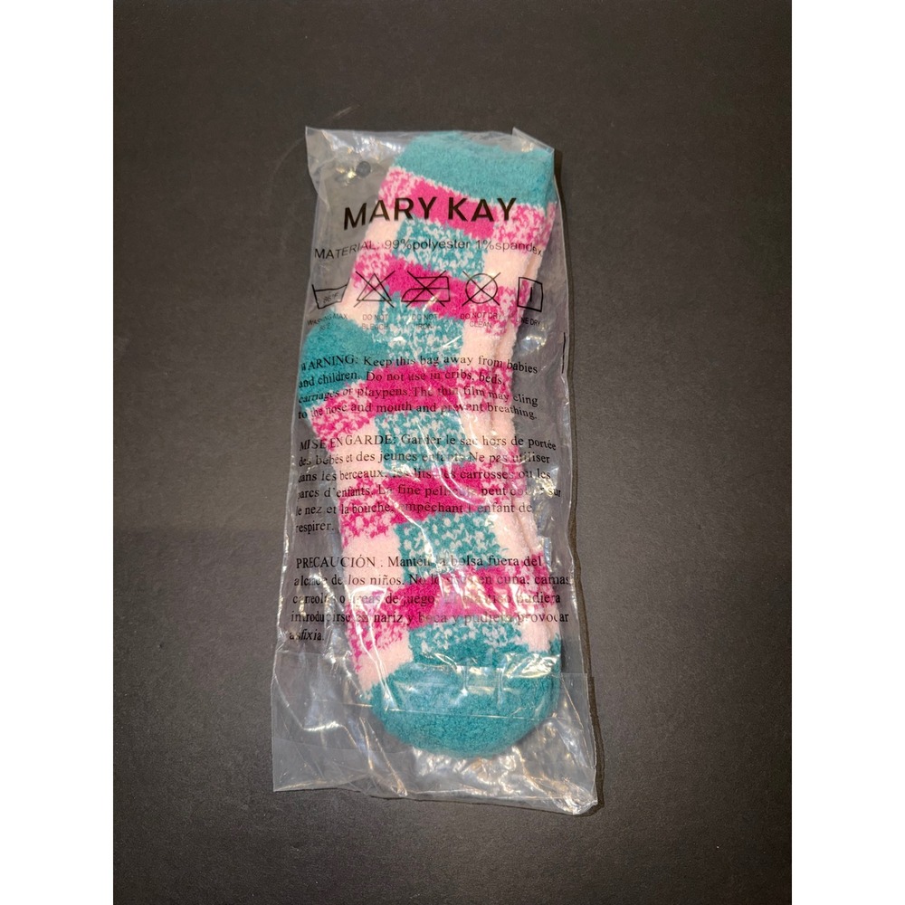 Mary Kay Fuzzy Socks Teal Pink White Plaid Cozy Soft Polyester Spandex Blend NIP